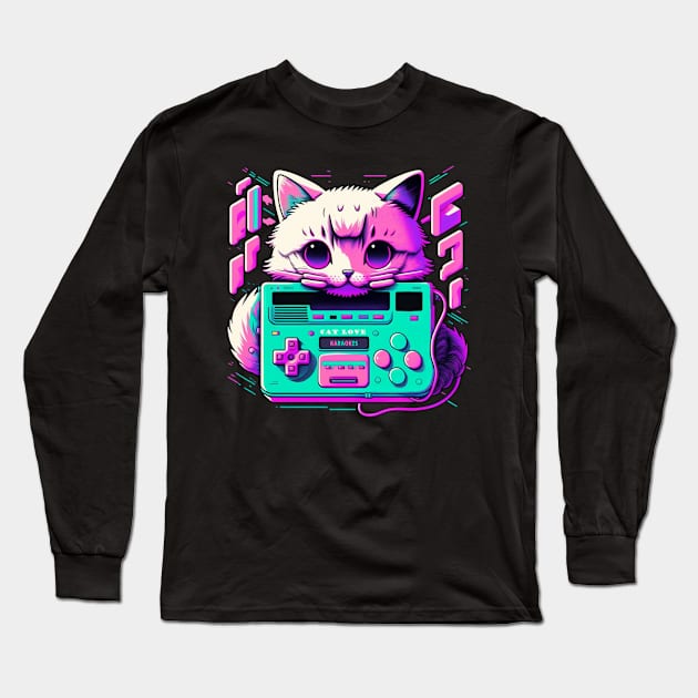 neon gamer cat Long Sleeve T-Shirt by karaokes